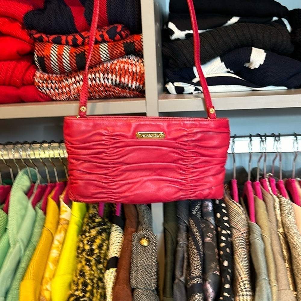 Michael Kors red ruched mini leather crossbody bag or clutch